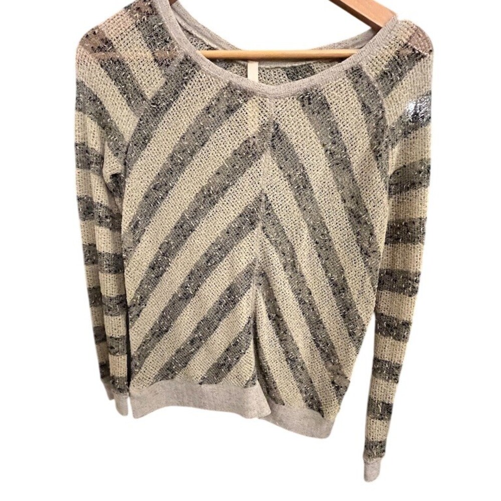 Sweater Womens M Gray Beige Open Knit Stripe Boho